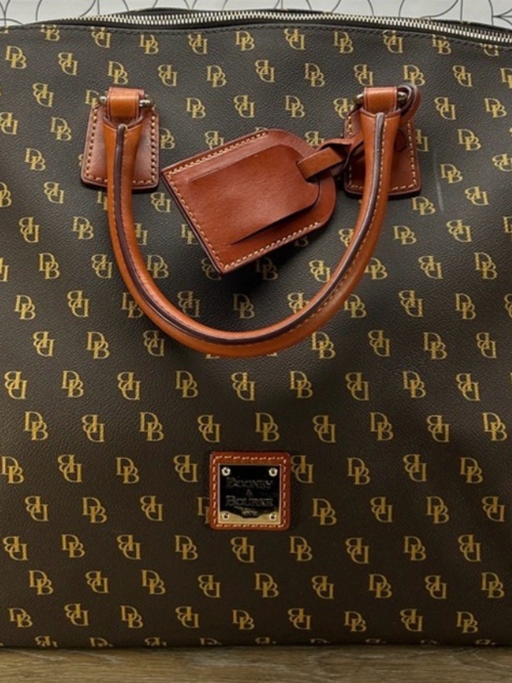 Dooney & Bourke Brown Monogram Duffel with Tan Leather Trim